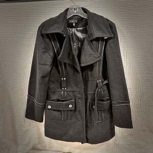 rue21 Black Asymmetrical Belted Wool Mix Moto Trench Coat